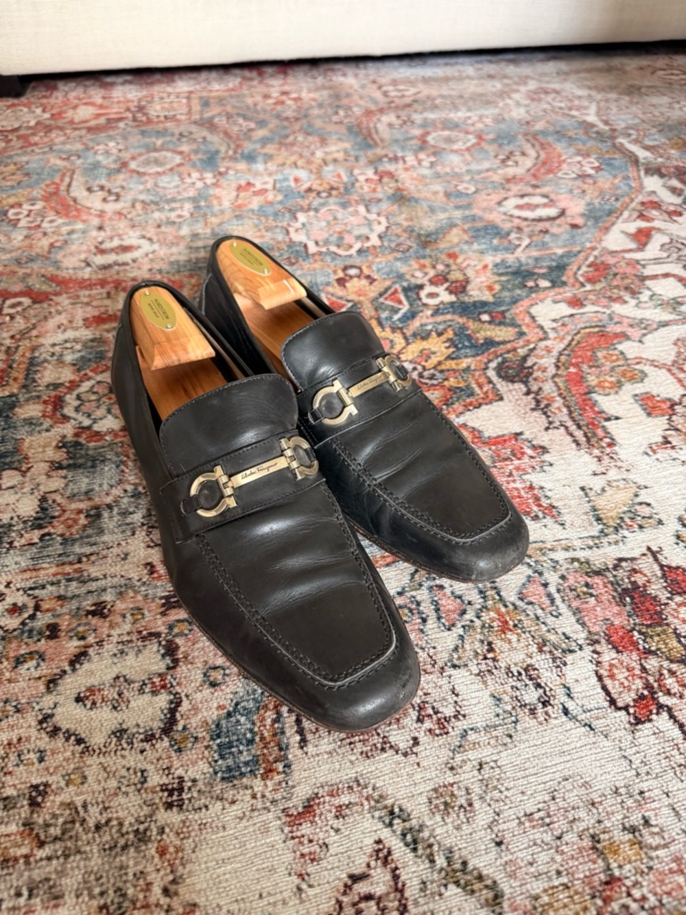 Salvatore Ferragamo Black Leather Horsebit Slip-On Loafers
